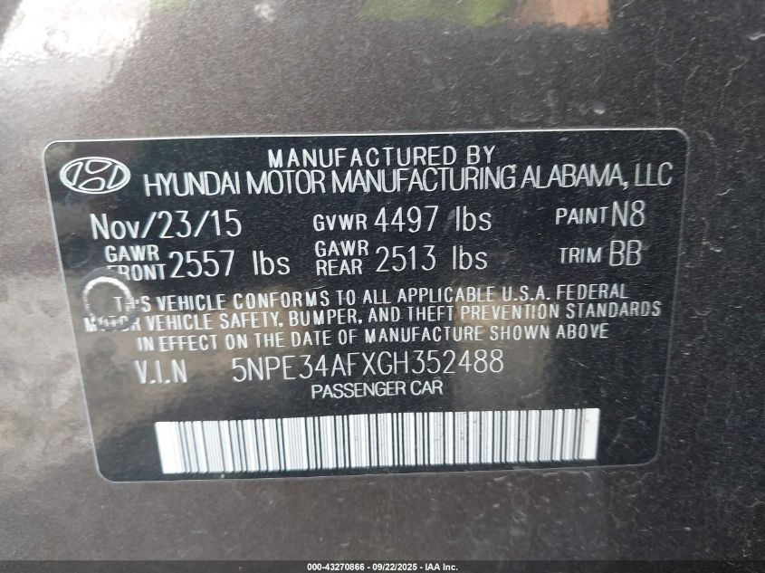 2016 Hyundai Sonata Sport VIN: 5NPE34AFXGH352488 Lot: 43270866