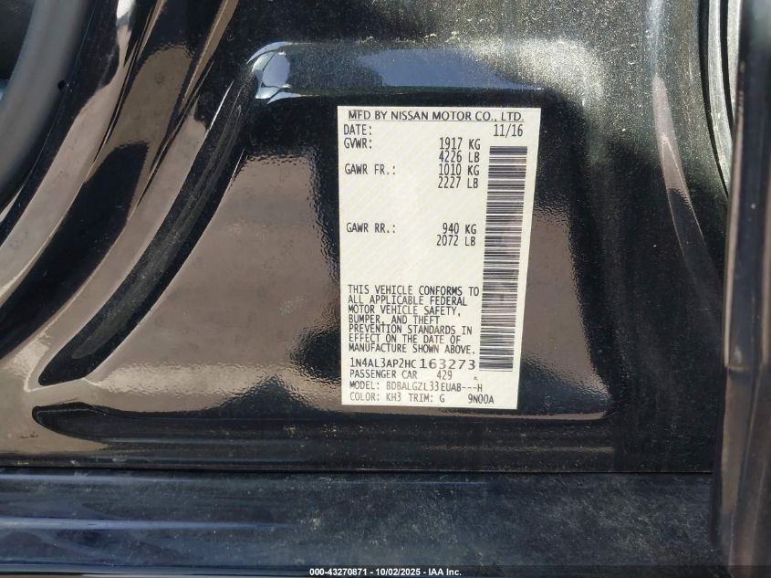 2017 Nissan Altima 2.5 S VIN: 1N4AL3AP2HC163273 Lot: 43270871