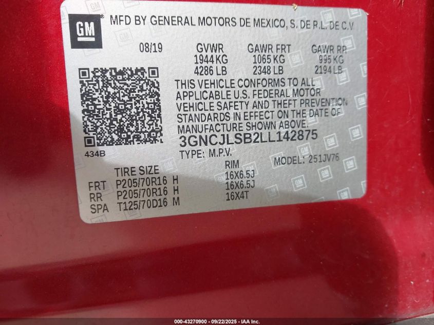 2020 Chevrolet Trax Fwd Lt VIN: 3GNCJLSB2LL142875 Lot: 43270900