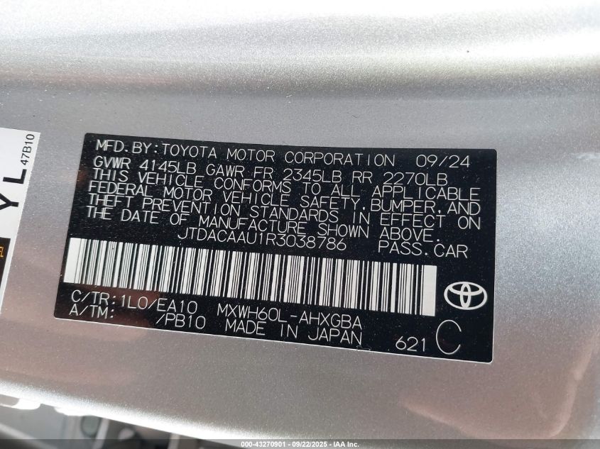 2024 Toyota Prius Xle VIN: JTDACAAU1R3038786 Lot: 43270901
