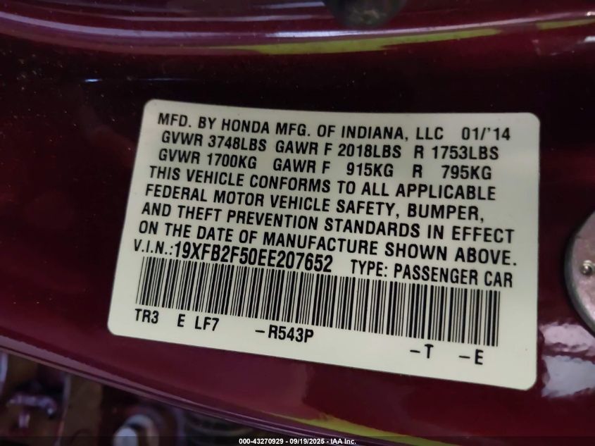 2014 Honda Civic Lx VIN: 19XFB2F50EE207652 Lot: 43270929