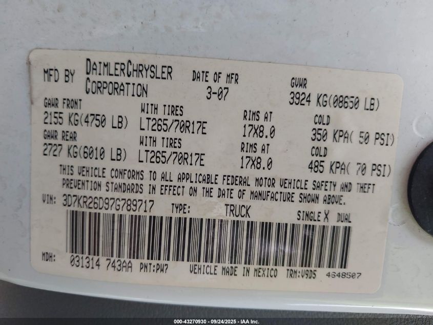 2007 Dodge Ram 2500 Slt/Sport VIN: 3D7KR26D97G789717 Lot: 43270930