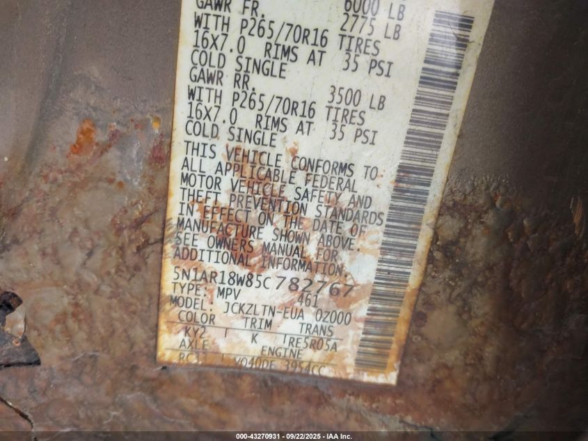 2005 Nissan Pathfinder Se VIN: 5N1AR18W85C782767 Lot: 43270931