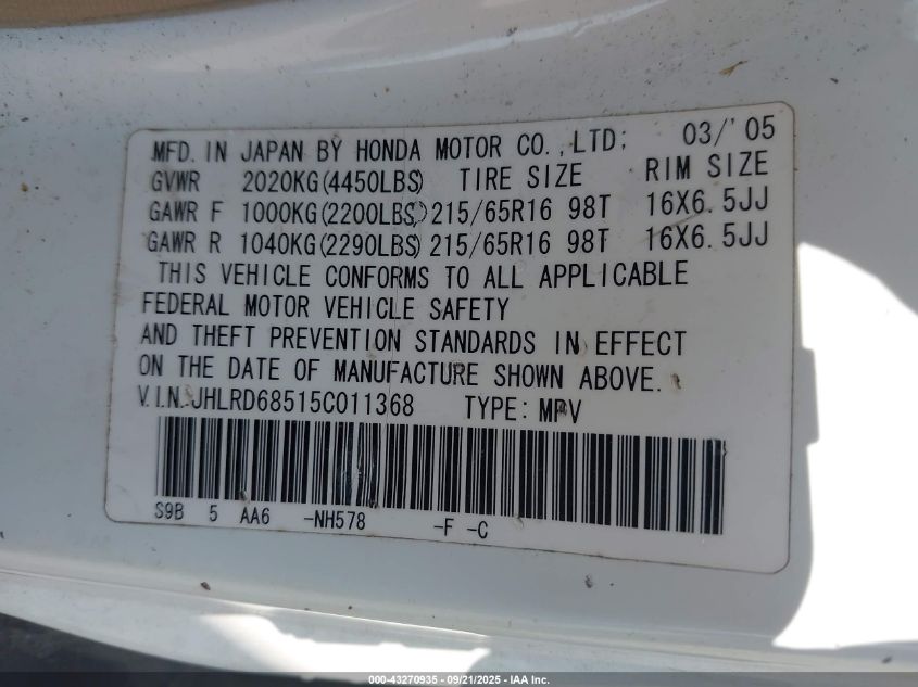 2005 Honda Cr-V Lx VIN: JHLRD68515C011368 Lot: 43270935