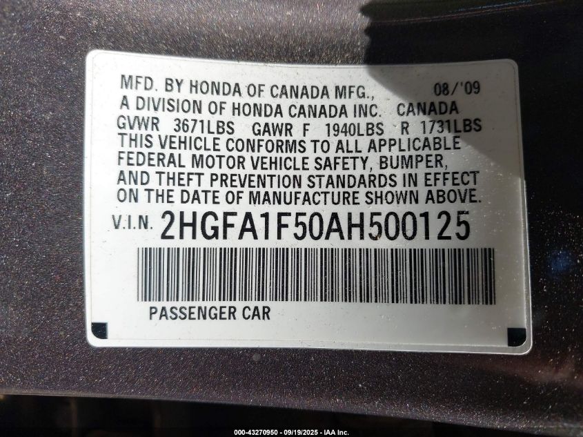 2010 Honda Civic Lx VIN: 2HGFA1F50AH500125 Lot: 43270950