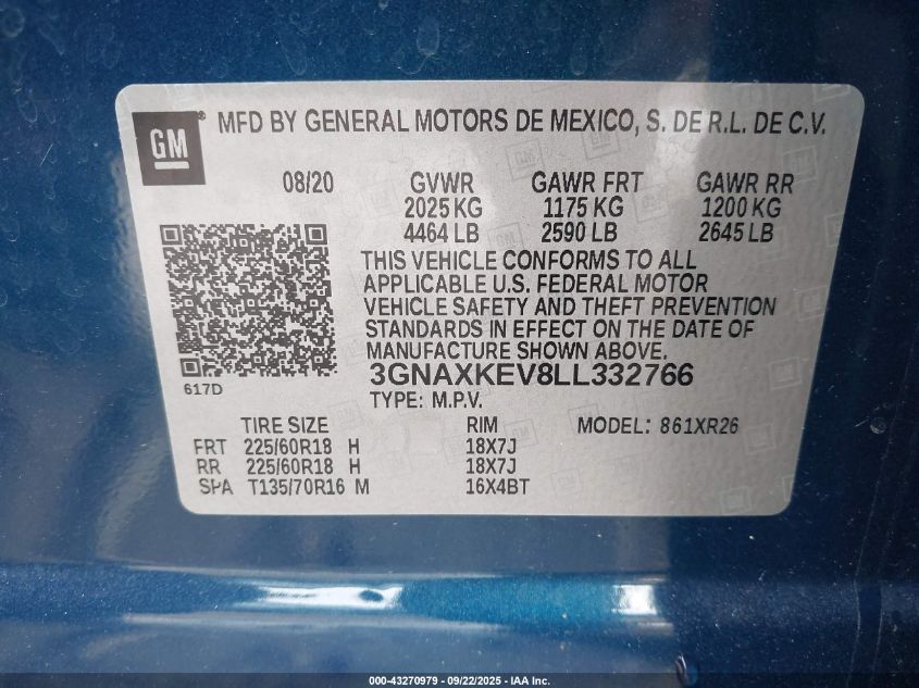 2020 Chevrolet Equinox Fwd Lt 1.5L Turbo VIN: 3GNAXKEV8LL332766 Lot: 43270979