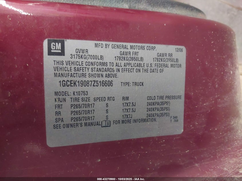 2007 Chevrolet Silverado 1500 Lt2 VIN: 1GCEK19087Z516606 Lot: 43270980