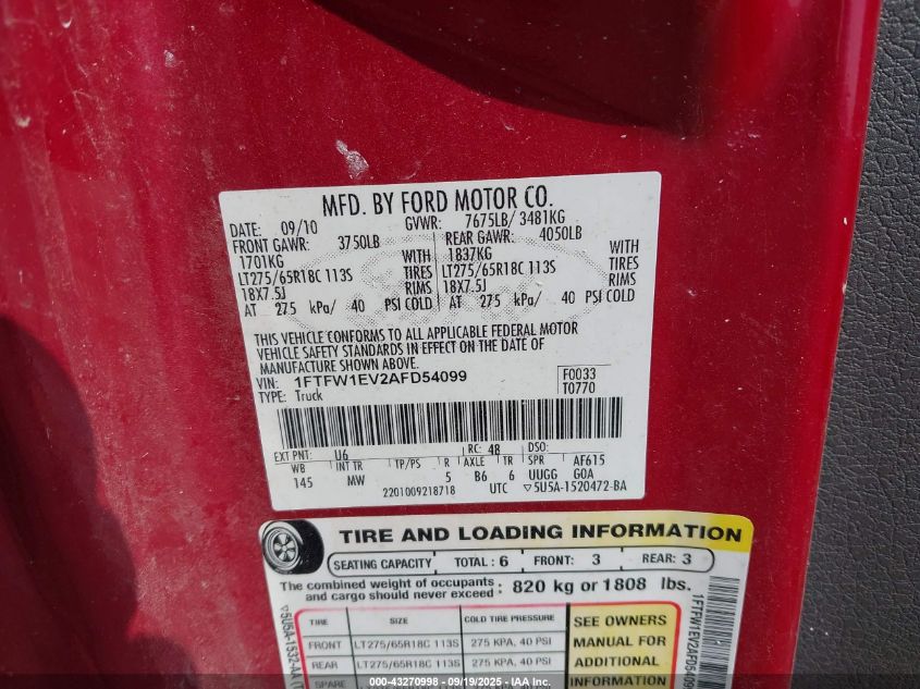 2010 Ford F-150 Fx4/Harley-Davidson/King Ranch/Lariat/Platinum/Xl/Xlt VIN: 1FTFW1EV2AFD54099 Lot: 43270998