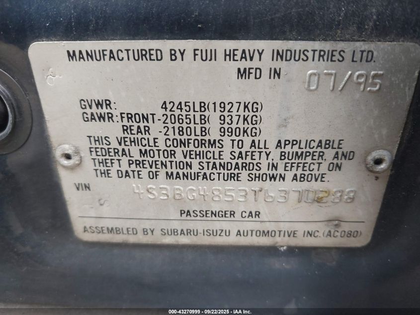 1996 Subaru Legacy Outback VIN: 4S3BG4853T6370288 Lot: 43270999