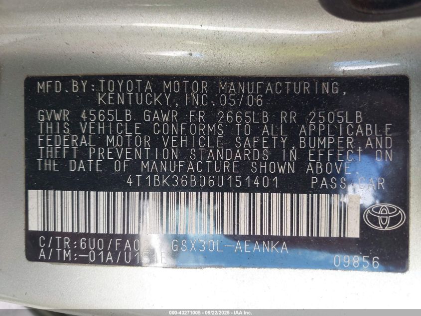 2006 Toyota Avalon Xl VIN: 4T1BK36B06U151401 Lot: 43271005