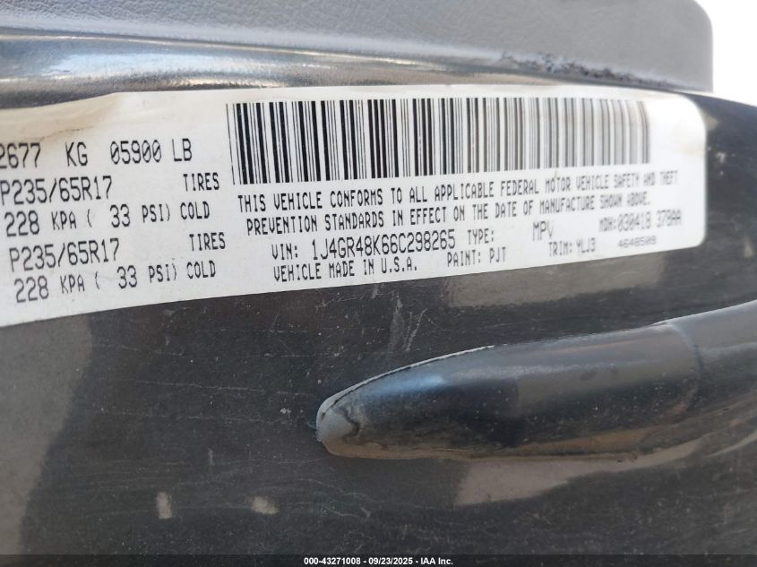 2006 Jeep Grand Cherokee Laredo VIN: 1J4GR48K66C298265 Lot: 43271008