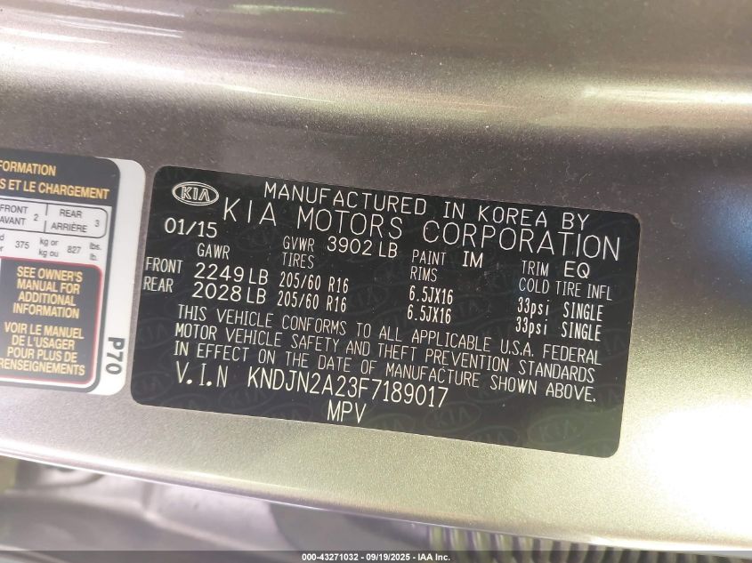 2015 Kia Soul VIN: KNDJN2A23F7189017 Lot: 43271032