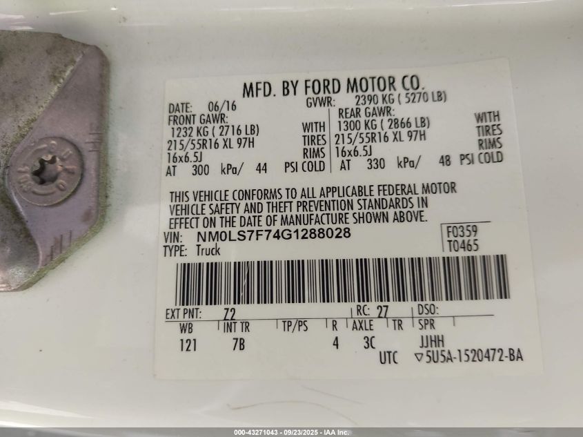 2016 Ford Transit Connect Xlt VIN: NM0LS7F74G1288028 Lot: 43271043