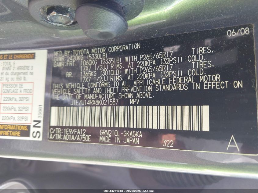 2008 Toyota 4Runner Sr5 V6 VIN: JTEZU14RX8K021587 Lot: 43271048