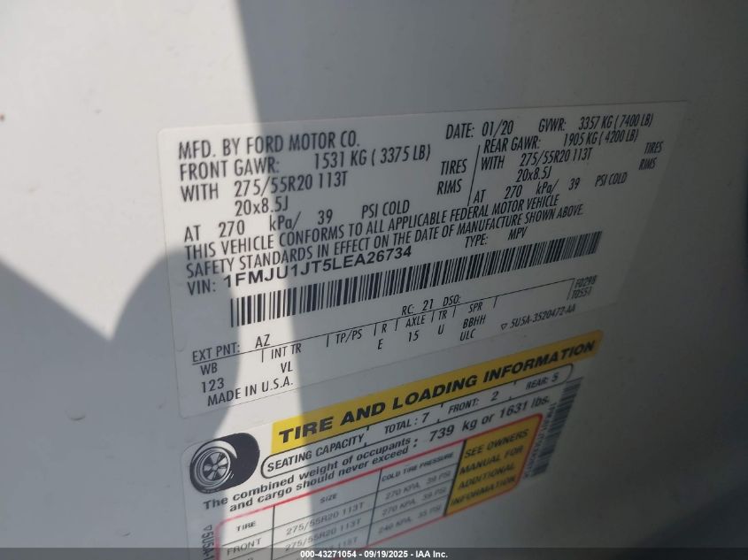 2020 Ford Expedition Xlt VIN: 1FMJU1JT5LEA26734 Lot: 43271054