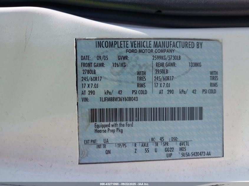 2006 Lincoln Town Car Executive VIN: 1LJFM88W36Y608043 Lot: 43271065