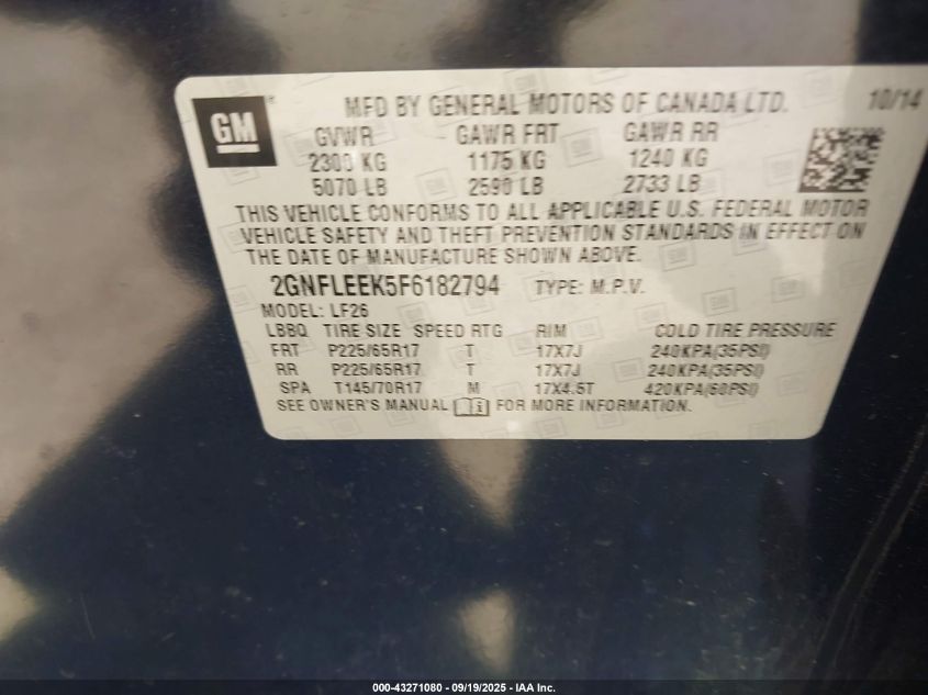 2015 Chevrolet Equinox Ls VIN: 2GNFLEEK5F6182794 Lot: 43271080