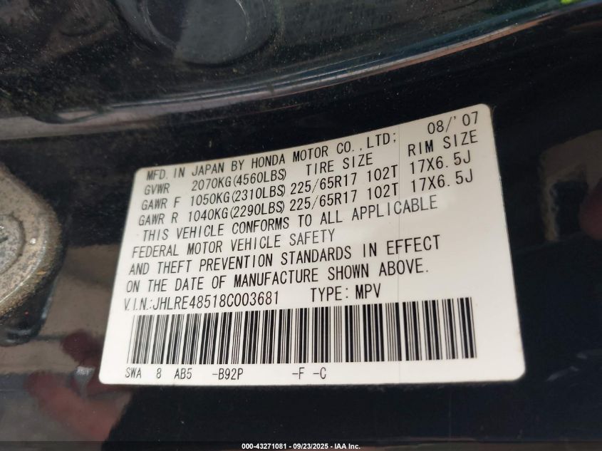2008 Honda Cr-V Ex VIN: JHLRE48518C003681 Lot: 43271081