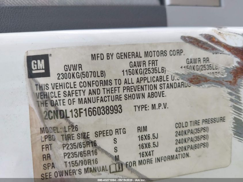 2006 Chevrolet Equinox Ls VIN: 2CNDL13F166038993 Lot: 43271084