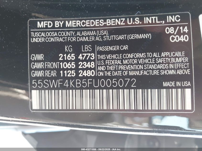 2015 Mercedes-Benz C 300 4Matic VIN: 55SWF4KB5FU005072 Lot: 43271086