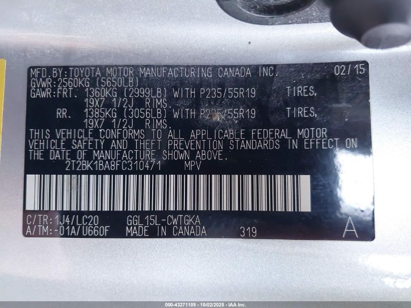 2015 Lexus Rx 350 VIN: 2T2BK1BA8FC310471 Lot: 43271109