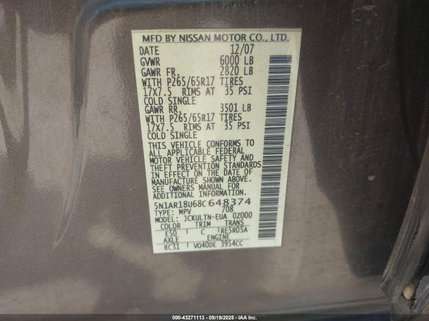 2008 Nissan Pathfinder Se VIN: 5N1AR18U68C648374 Lot: 43271113