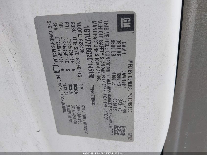 2012 GMC Savana 2500 Work Van VIN: 1GTW7FBG2C1145185 Lot: 43271115