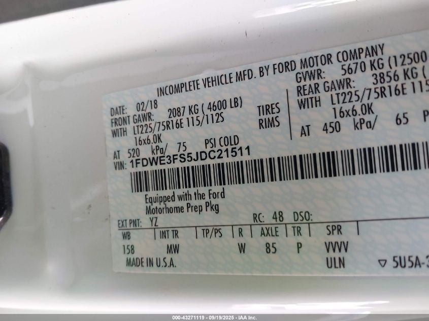 2018 Ford E-350 Cutaway VIN: 1FDWE3FS5JDC21511 Lot: 43271119