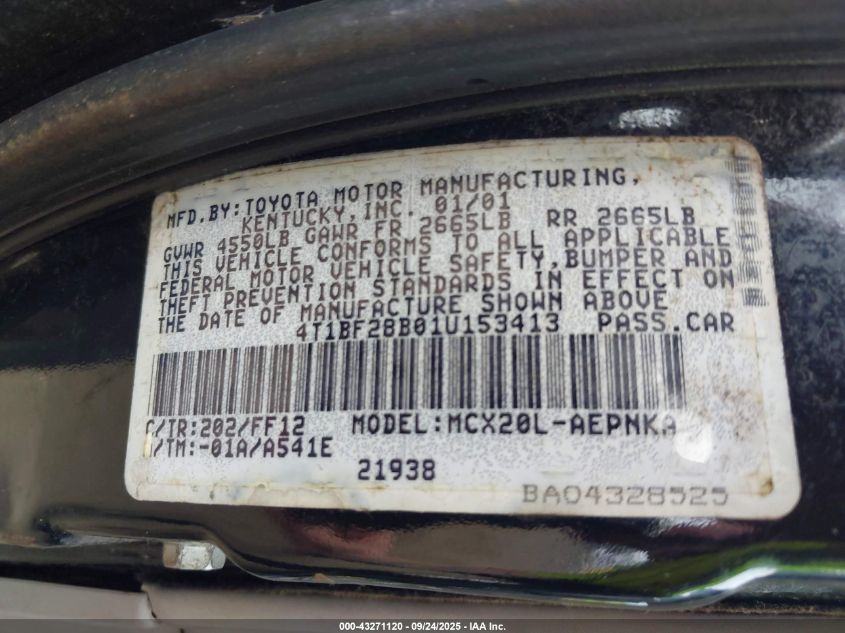 2001 Toyota Avalon Xl VIN: 4T1BF28B01U153413 Lot: 43271120