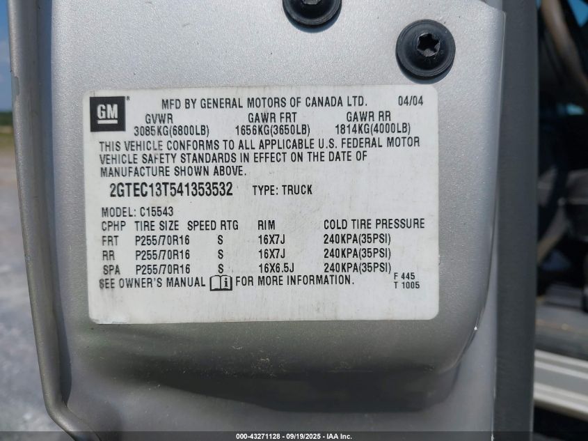 2004 GMC Sierra 1500 Slt VIN: 2GTEC13T541353532 Lot: 43271128