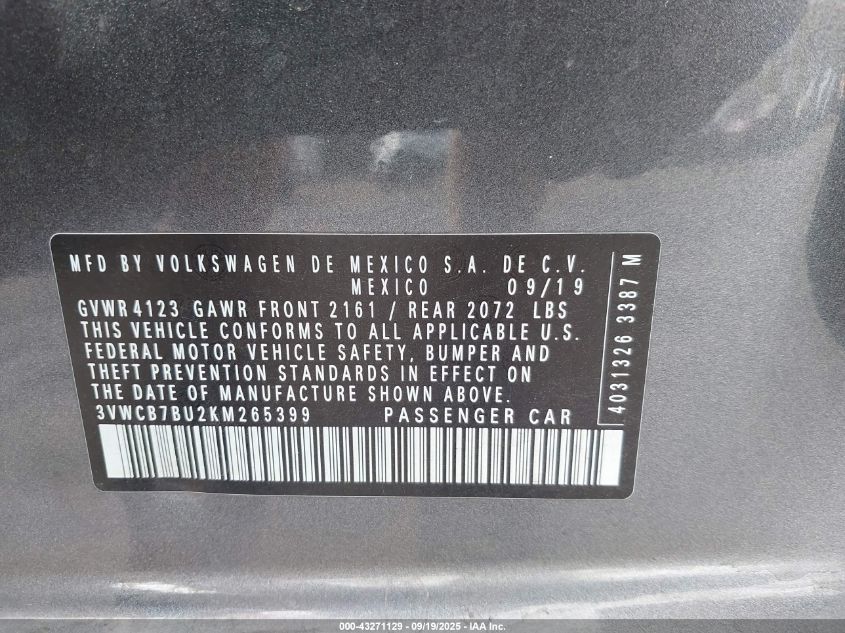 2019 Volkswagen Jetta 1.4T R-Line/1.4T S/1.4T Se VIN: 3VWCB7BU2KM265399 Lot: 43271129