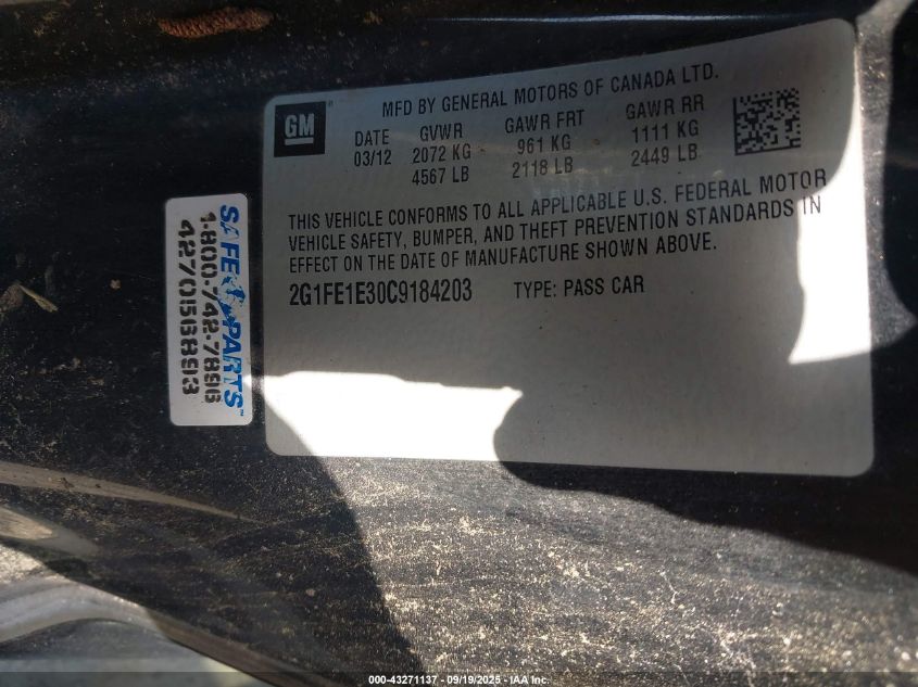 2012 Chevrolet Camaro 1Ls VIN: 2G1FE1E30C9184203 Lot: 43271137