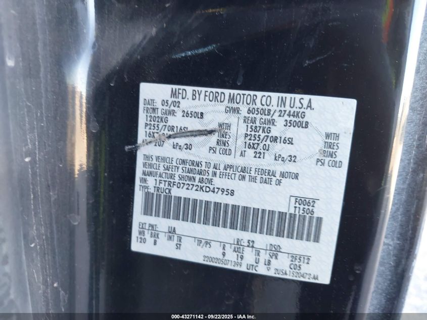 2002 Ford F-150 Xl/Xlt VIN: 1FTRF07272KD47958 Lot: 43271142