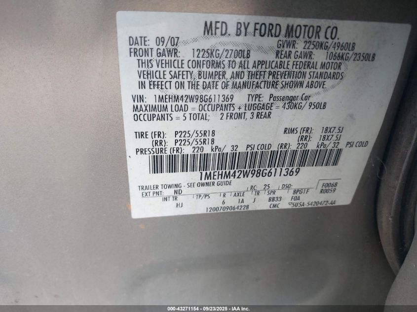 2008 Mercury Sable Premier VIN: 1MEHM42W98G611369 Lot: 43271154