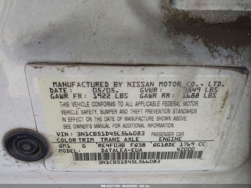 2005 Nissan Sentra 1.8S VIN: 3N1CB51D45L566083 Lot: 43271159
