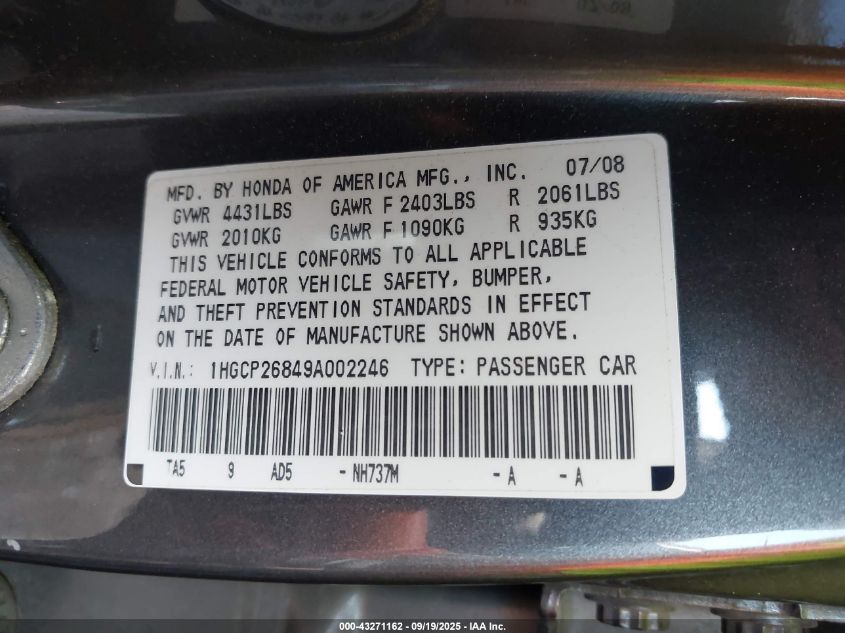 2009 Honda Accord 2.4 Ex-L VIN: 1HGCP26849A002246 Lot: 43271162