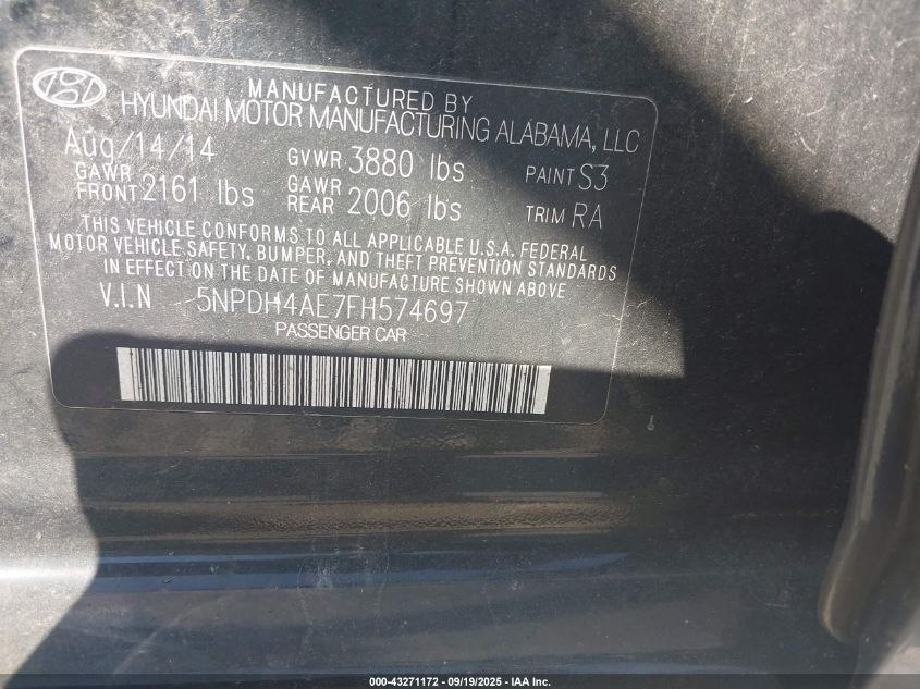 2015 Hyundai Elantra Se VIN: 5NPDH4AE7FH574697 Lot: 43271172