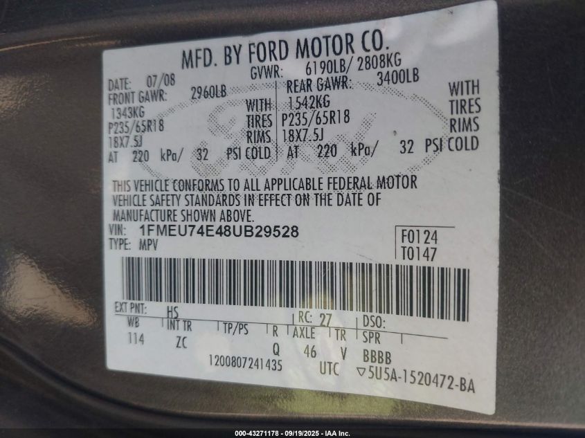 2008 Ford Explorer Eddie Bauer VIN: 1FMEU74E48UB29528 Lot: 43271178