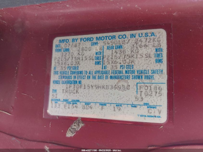 1987 Ford F150 VIN: 1FTDF15Y9HKB34980 Lot: 43271186