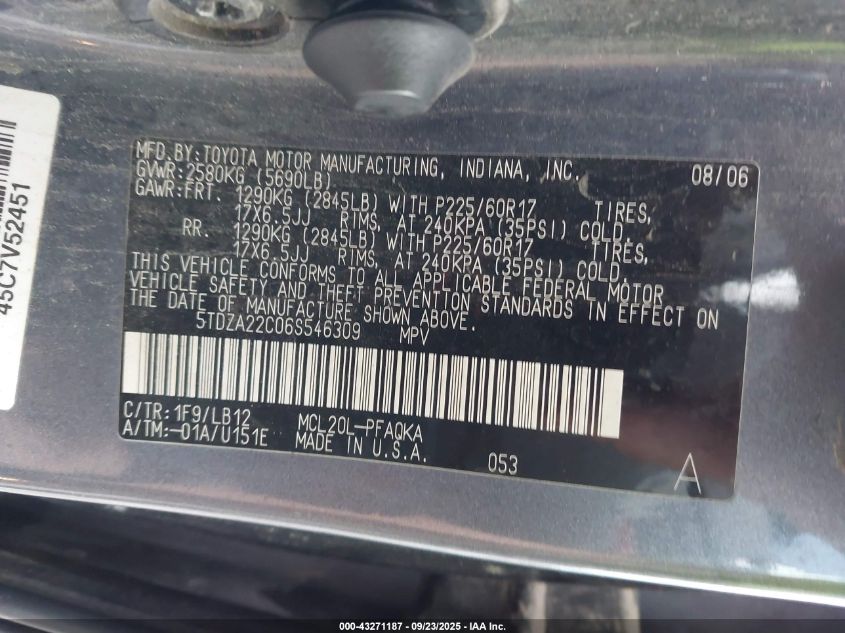 2006 Toyota Sienna Xle VIN: 5TDZA22C06S546309 Lot: 43271187