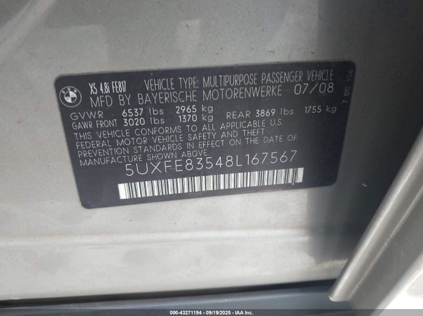 2008 BMW X5 4.8I VIN: 5UXFE83548L167567 Lot: 43271194