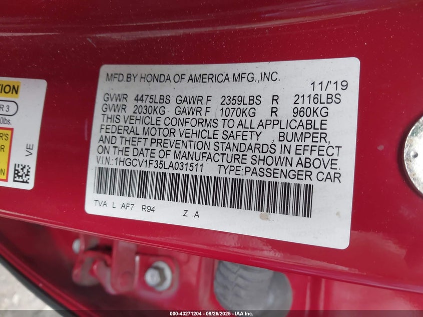 1HGCV1F35LA031511 2020 HONDA ACCORD photo no. 9