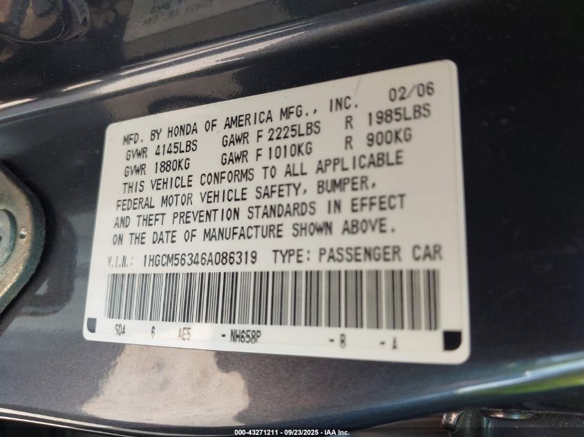 2006 Honda Accord 2.4 Se VIN: 1HGCM56346A086319 Lot: 43271211