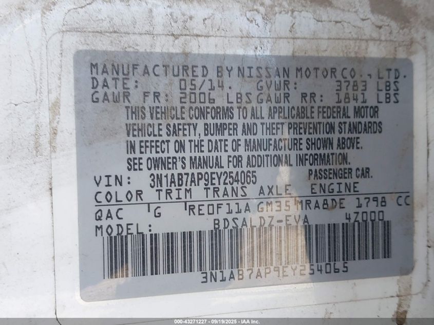 2014 Nissan Sentra Fe+ S/Fe+ Sv/S/Sl/Sr/Sv VIN: 3N1AB7AP9EY254065 Lot: 43271227