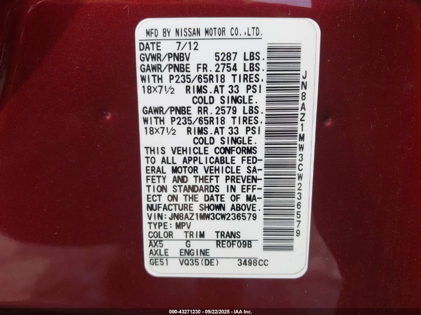 2012 Nissan Murano Sl VIN: JN8AZ1MW3CW236579 Lot: 43271230