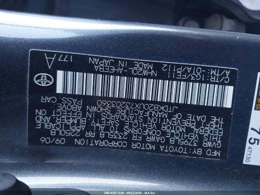 2007 Toyota Prius VIN: JTDKB20UX73203360 Lot: 43271236