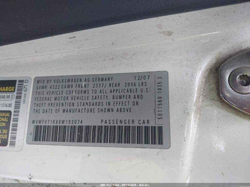 2008 Volkswagen Gti 2-Door VIN: WVWFV71K88W193074 Lot: 43271244