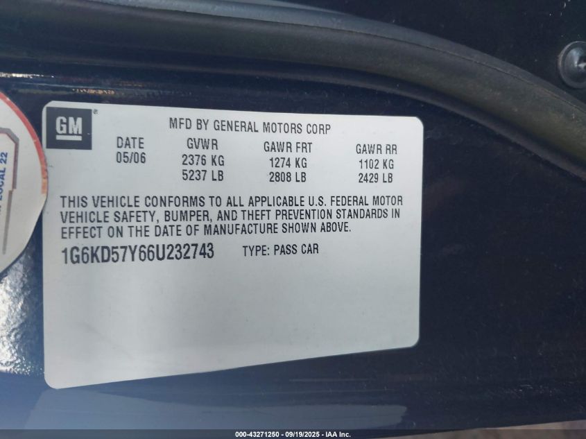 2006 Cadillac Dts Standard VIN: 1G6KD57Y66U232743 Lot: 43271250
