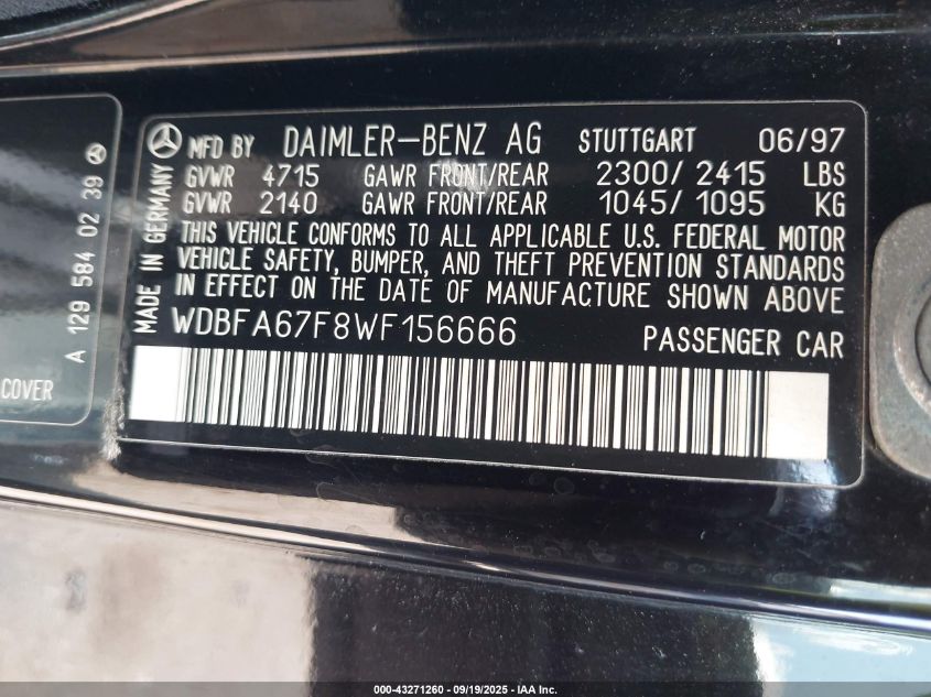 1998 Mercedes-Benz Sl 500 VIN: WDBFA67F8WF156666 Lot: 43271260