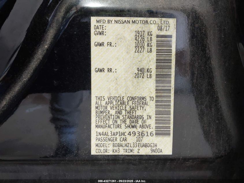 2017 Nissan Altima 2.5 Sr VIN: 1N4AL3AP1HC493616 Lot: 43271261
